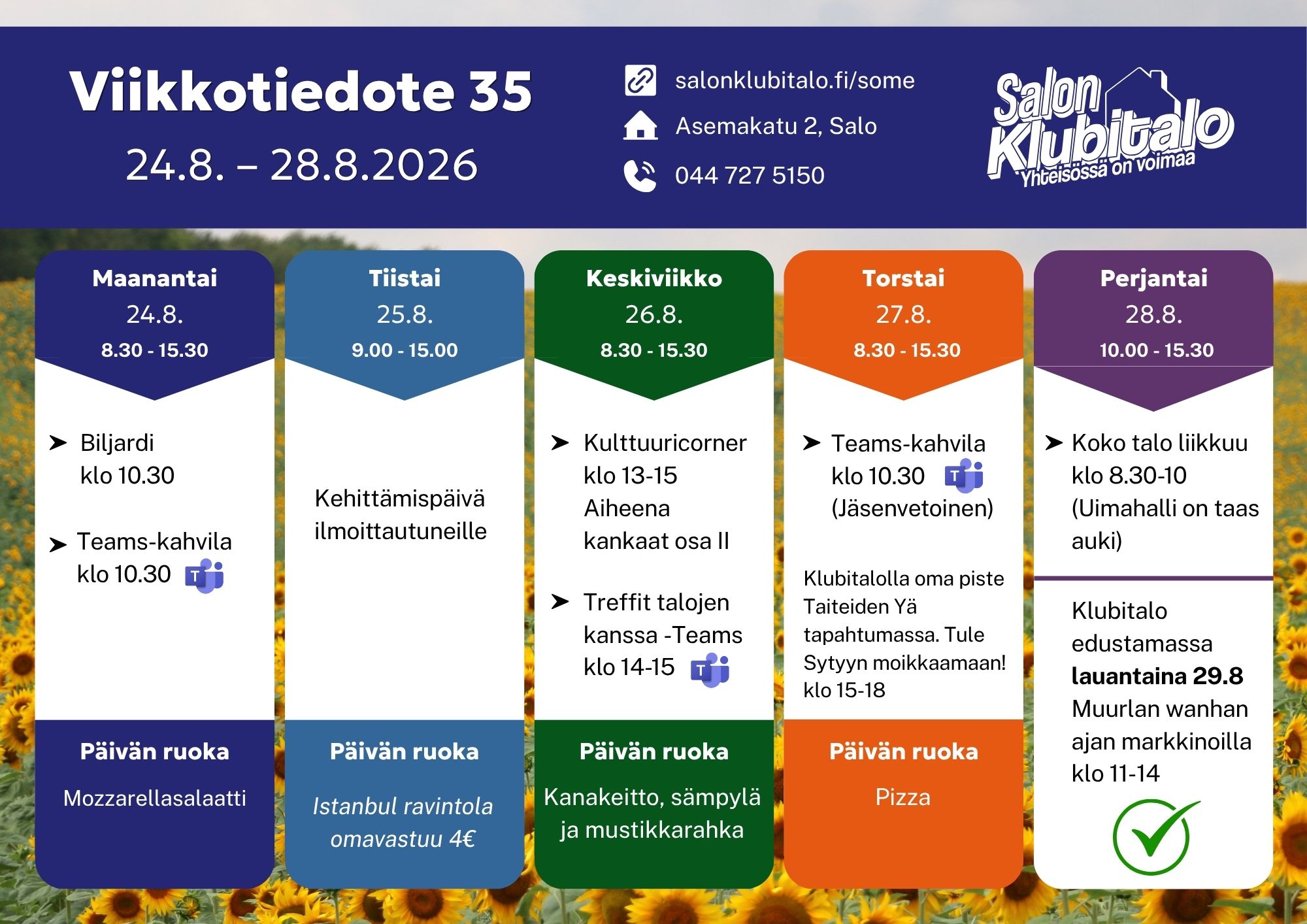 Etusivu • Salon Klubitalo 1 Viikkotiedote 35