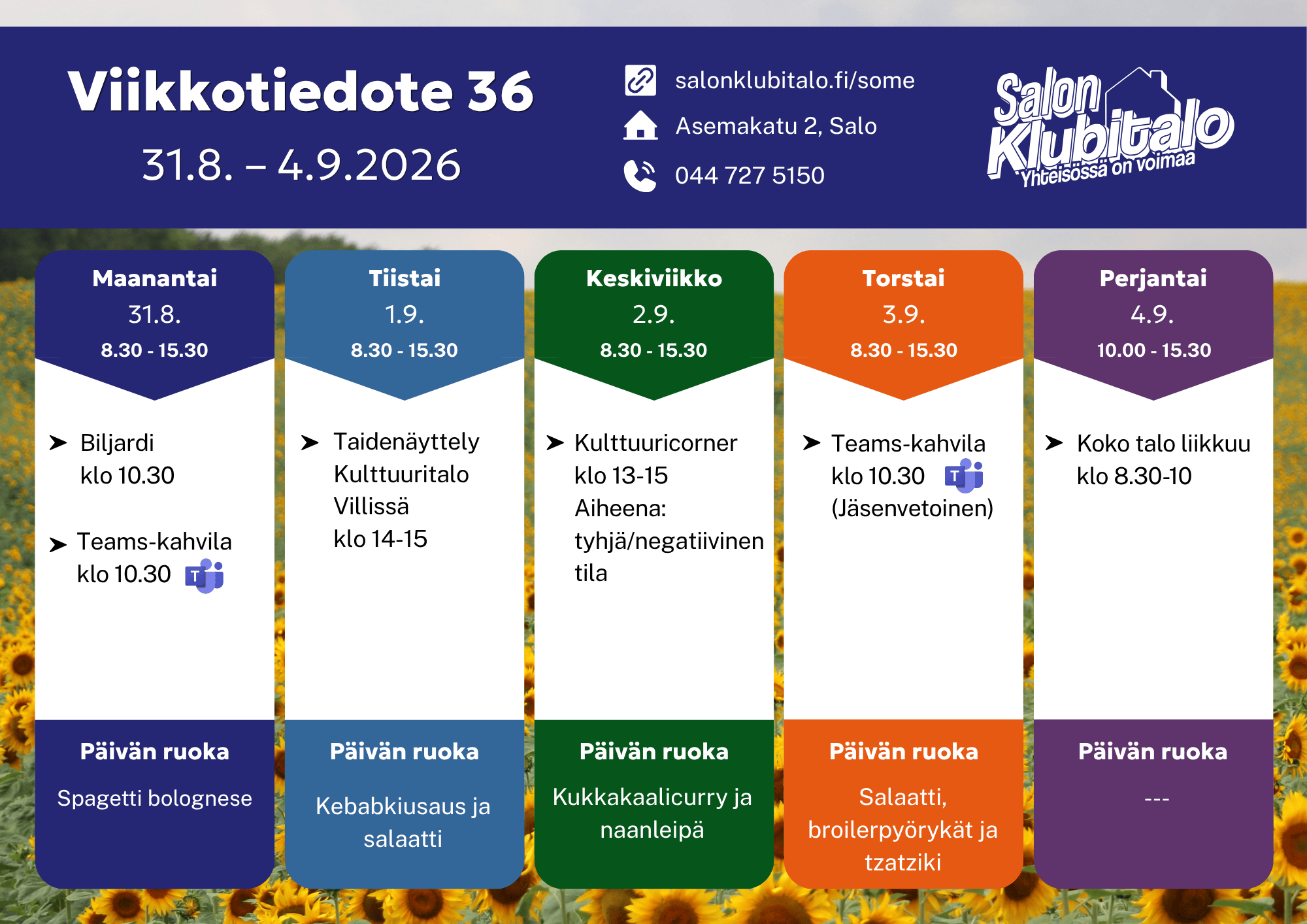 Etusivu • Salon Klubitalo 1 Viikkotiedote 36