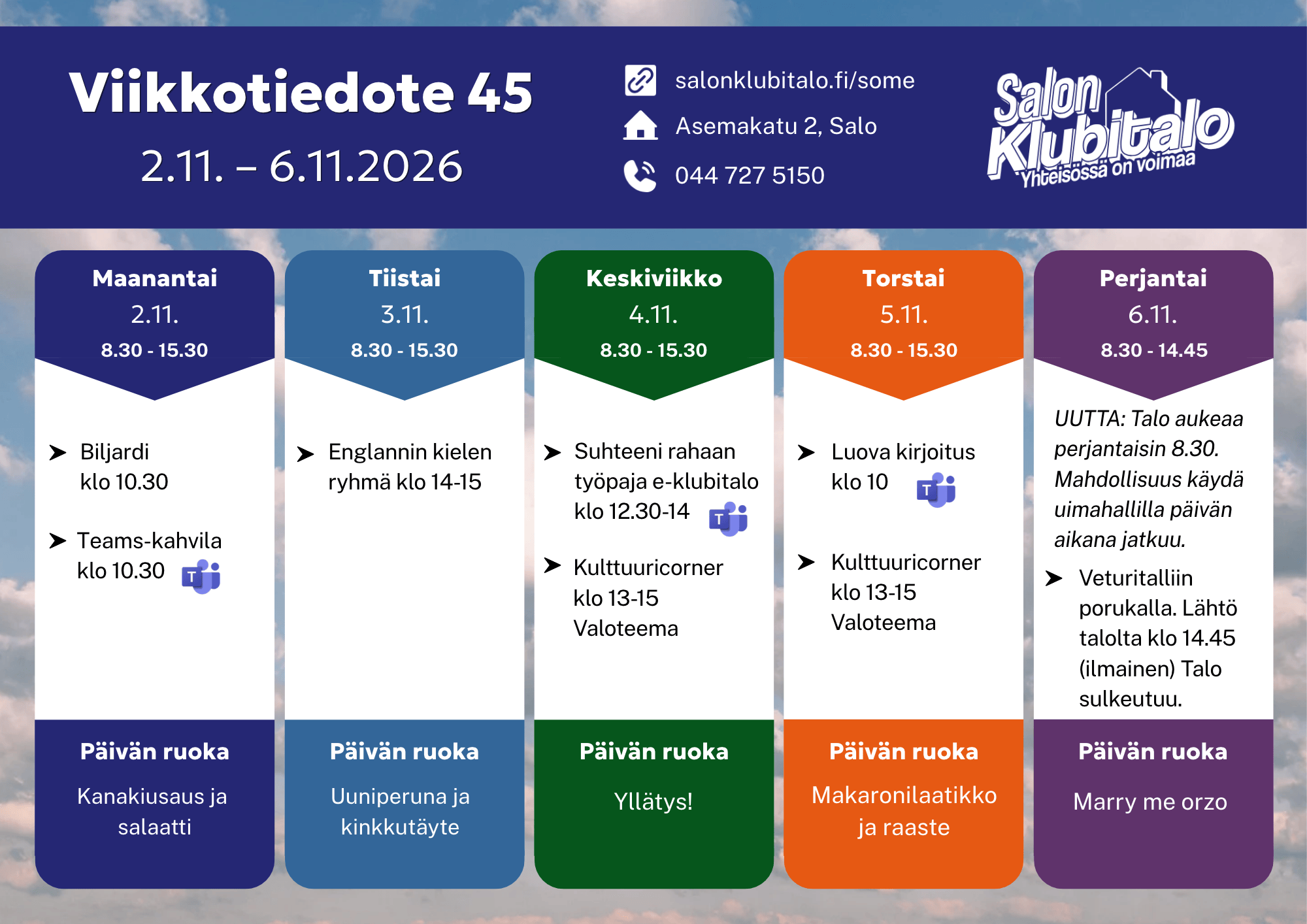 Etusivu • Salon Klubitalo 1 Viikkotiedote45